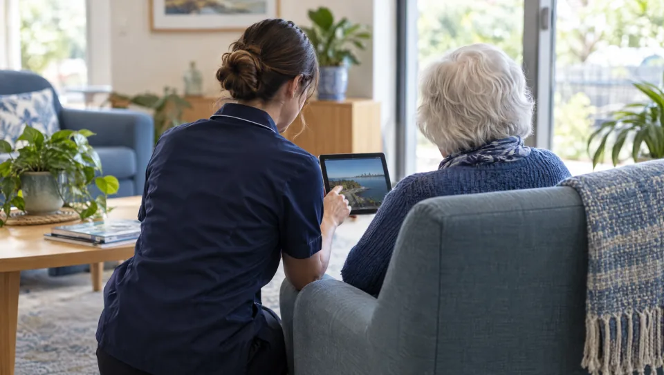 A support worker helping an elderly person with a tablet in a community centre