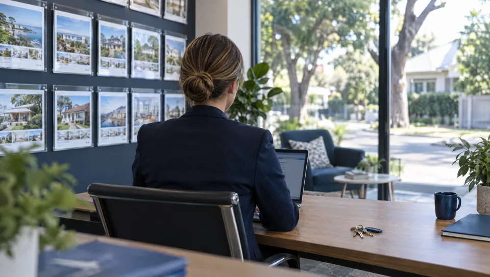 A real estate agency interior with listing boards and an agent at a desk