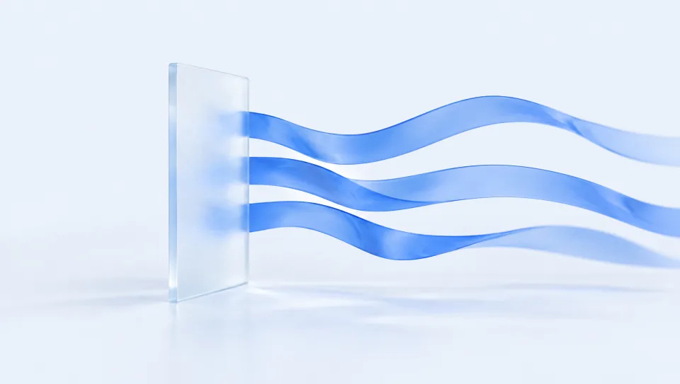 A glass sheet with three blue ribbons flowing out of it