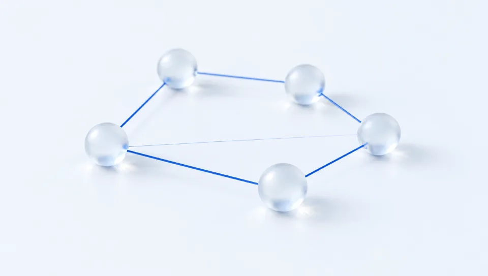 Five glass nodes joined by thin blue threads, one link dimmer than the rest
