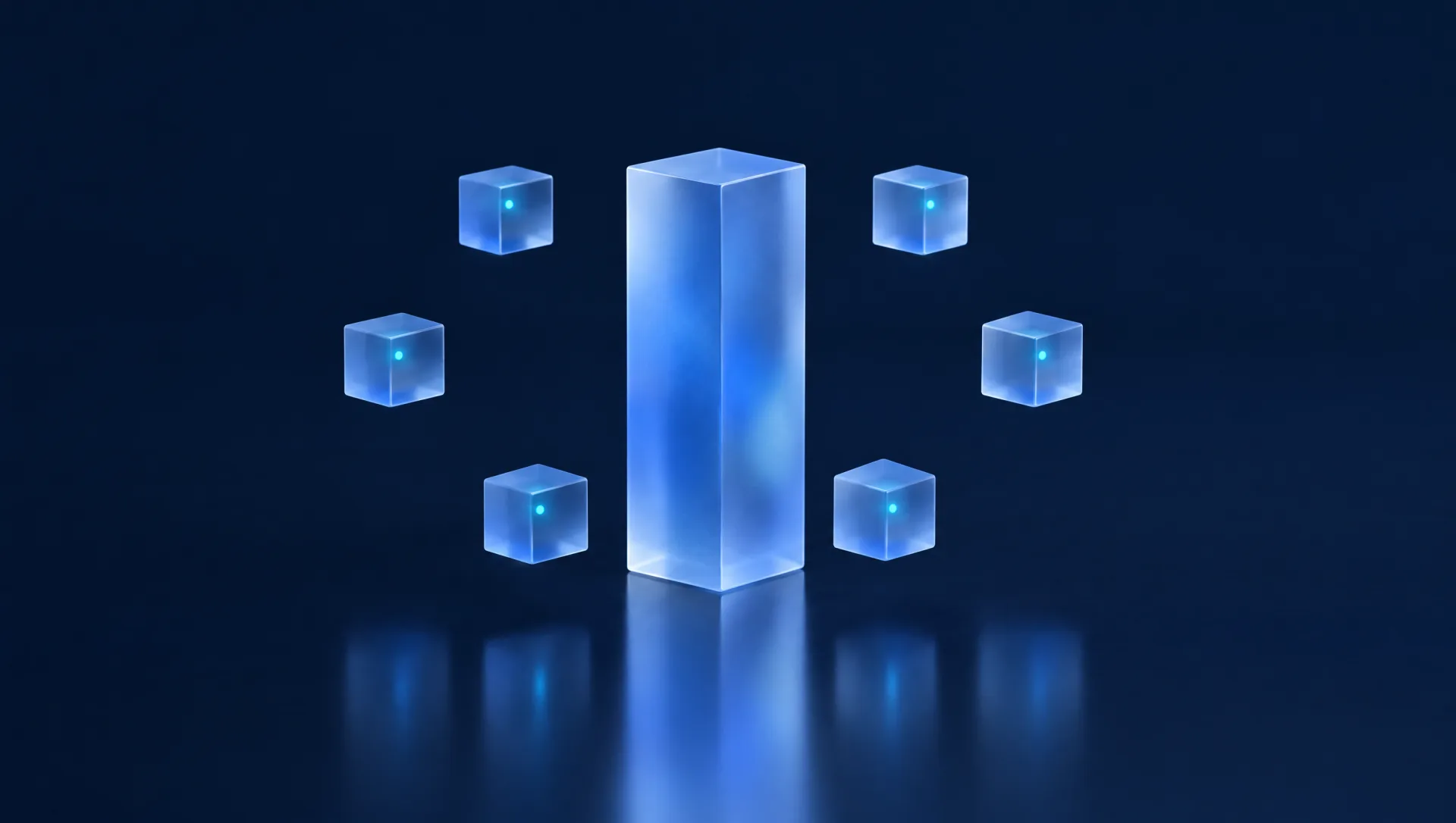 One tall glass monolith at the centre with six smaller glass satellites around it